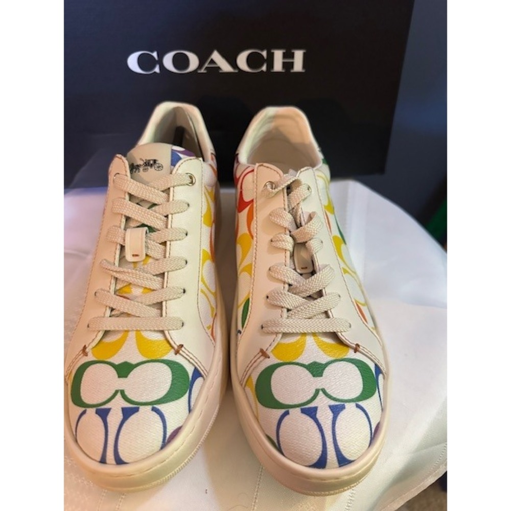 Coach Clip Pride Signature Low Top White Multi Rainbow Sneakers C1865 Womens 9B - Picture 2 of 8